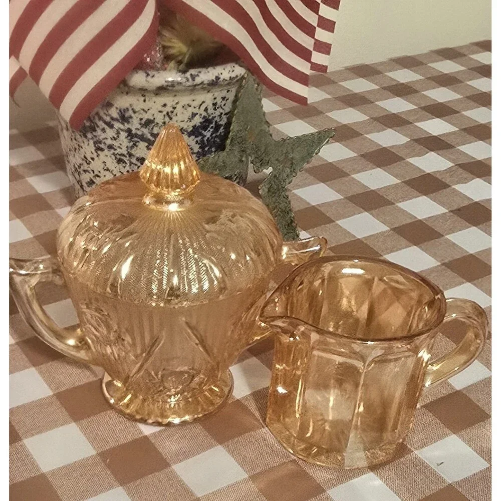 Vintage Marigold Carnival Glass Covered Sugar & Creamer